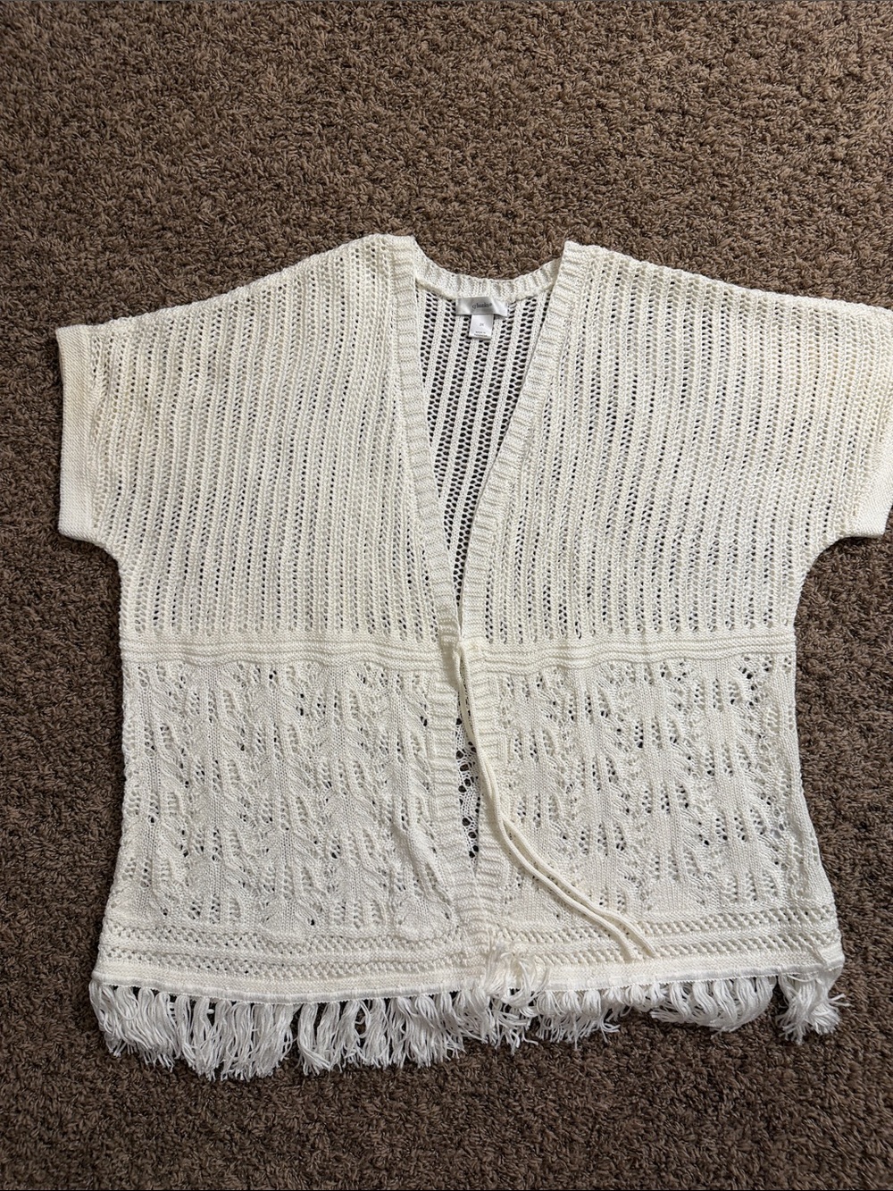 CJ Banks Ivory Open-Knit Fringe Tie-Front Cardigan